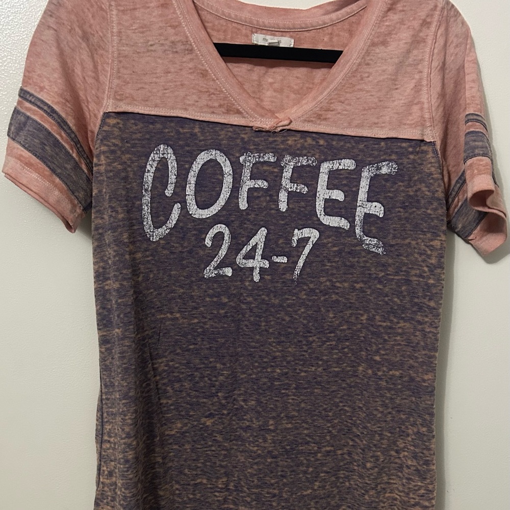Maurices Two-Tone 'COFFEE 24-7' V-Neck Tee - Pink & Navy Heather